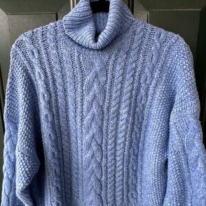J.Crew Collection Cable Knit Turtleneck Sweater Blue Wool Blend Fisherman XS
